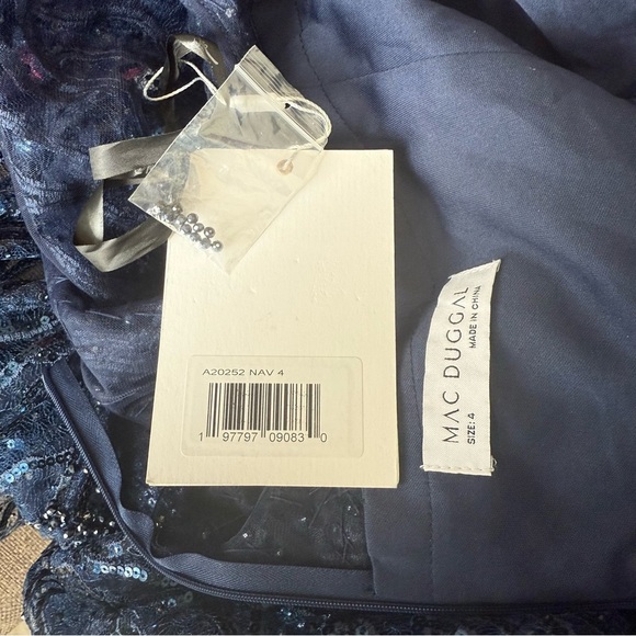 MAC DUGGAL HIGH NECK ABOVE ELBOW SLEEVE EMBELLISHED ALINE NAVY MIDI DRESS 4 - Picture 14 of 14
